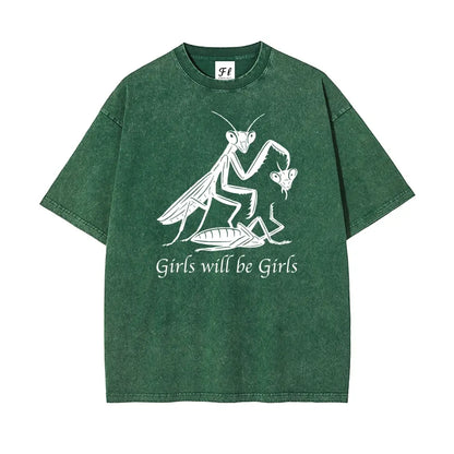 Mens Oversized Casual Graphic Tee - Unisex Vintage Washed 100% Soft Cotton Baggy Loose Top, Round Neck, Short Sleeve, "Girls Will Be Girls" Print, Mensfashion Retro Streetwear T-Shirt - View 12