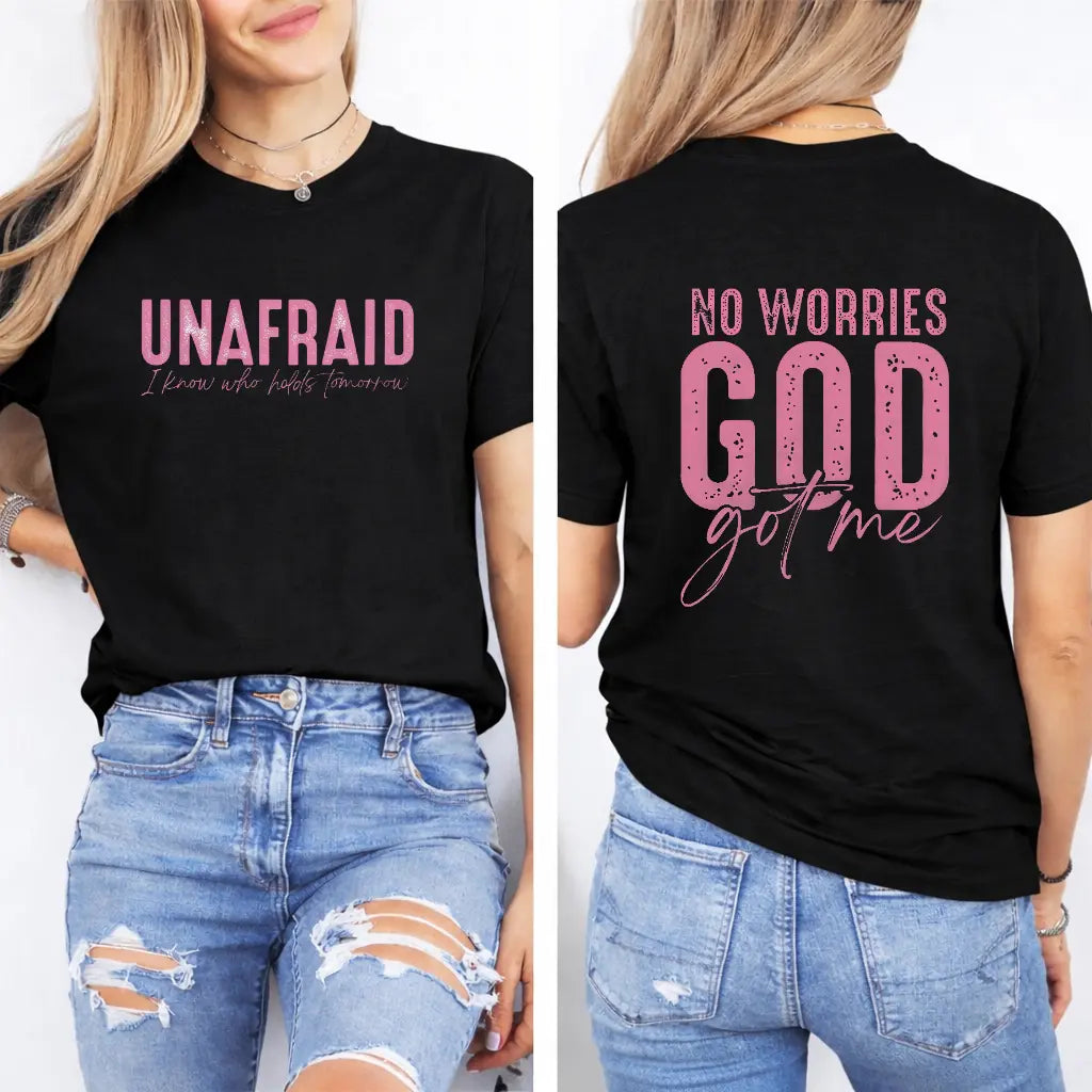Uplifting and Spiritual Tee: "Unafraid" and "No Worries" Statements for a Confident Faith - filled Look Clothes Cotton - View 3