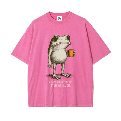 "I HAVE TO SAY WEIRD STUFF "Funny Frog Oversized Vintage Graphic T-Shirt, Retro Streetwear Casual Top in Soft Eco-Friendly Washed Stretch Cotton, Fabric - View 11