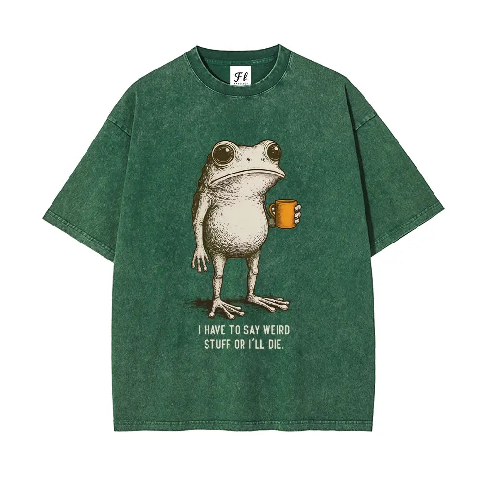 "I HAVE TO SAY WEIRD STUFF "Funny Frog Oversized Vintage Graphic T-Shirt, Retro Streetwear Casual Top in Soft Eco-Friendly Washed Stretch Cotton, Fabric - View 1