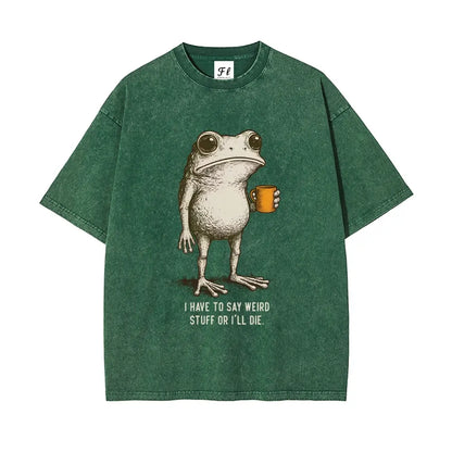 "I HAVE TO SAY WEIRD STUFF "Funny Frog Oversized Vintage Graphic T-Shirt, Retro Streetwear Casual Top in Soft Eco-Friendly Washed Stretch Cotton, Fabric - View 1