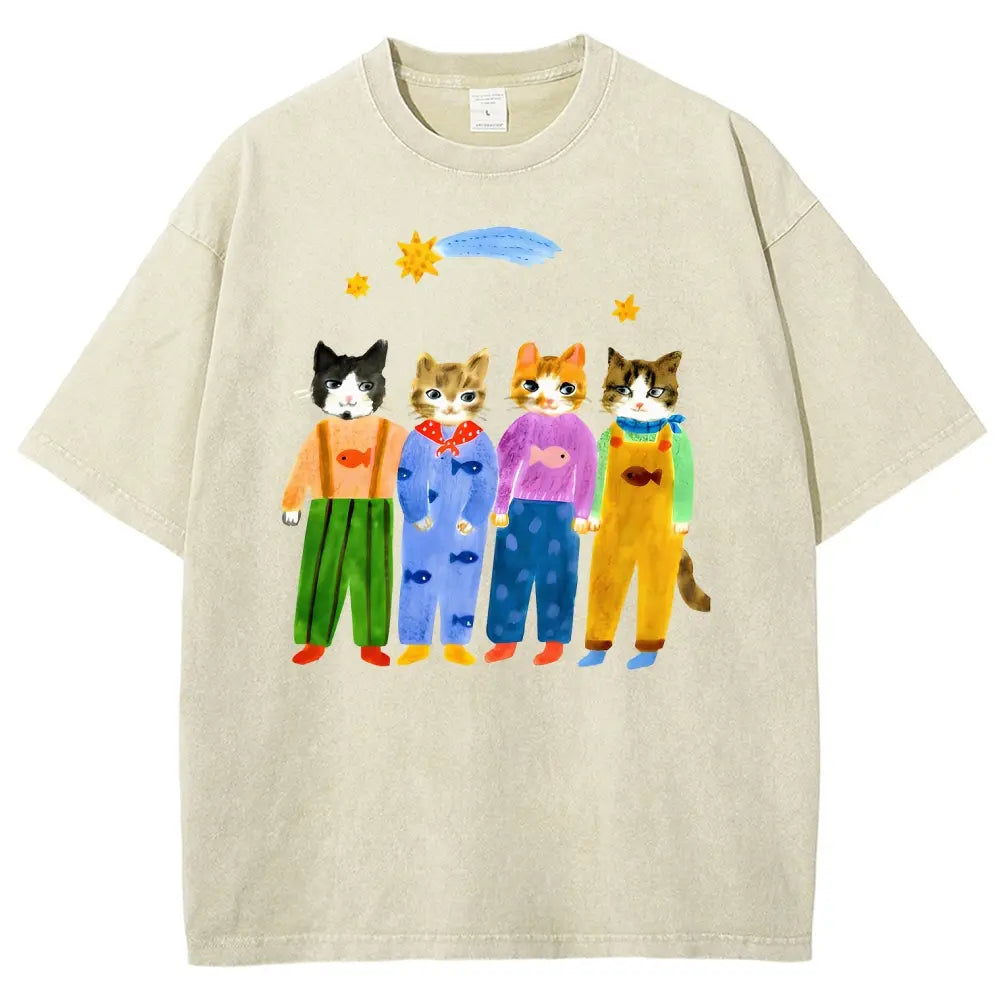 Men's Retro Hand-Painted Funny Cats In Overalls Graphic Vintage 90s Short-Sleeve Round-Neck Unisex Oversized Menswear T-Shirt, Breathable Fabric, Streetwear & Vacation Outfits - View 2