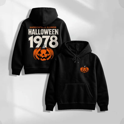 Unisex Vintage Halloween Pumpkin Graphic Hoodie, 1978 Spooky Front and Back Print Pullover Sweatshirt, Casual Oversized Long Sleeve Streetwear Hoodie for Halloween Party, Fall and Daily Wear - View 2