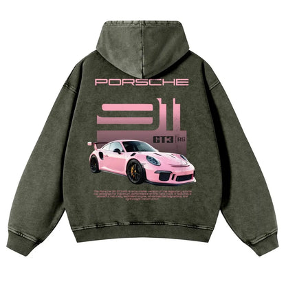 Men's Berry Pink 380g Autumn Vintage GT3 RS Washed Graphic Hoodie, 911 Pull-On Sweatshirt for Casual OOTD & Outfit Inspiration - View 5