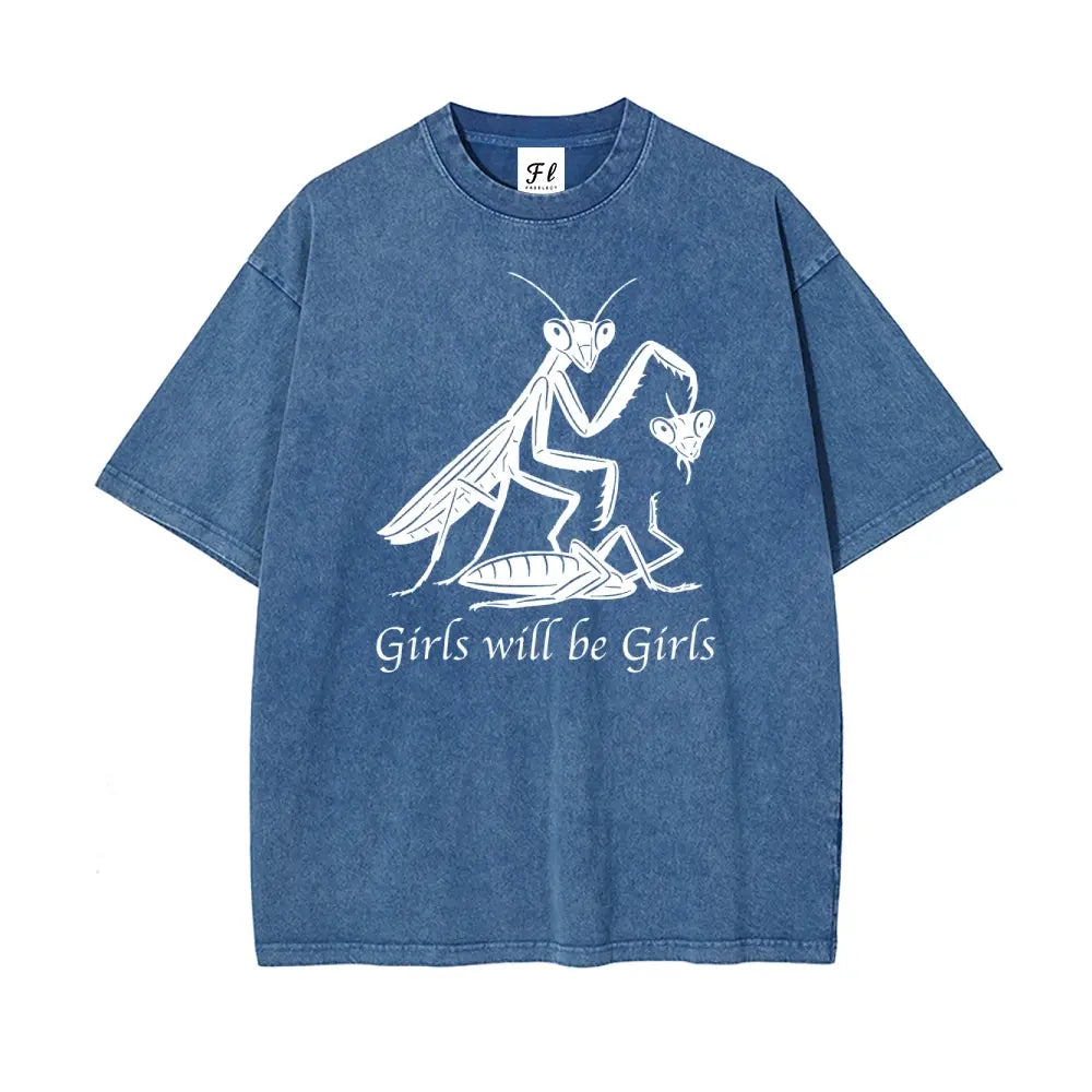 Mens Oversized Casual Graphic Tee - Unisex Vintage Washed 100% Soft Cotton Baggy Loose Top, Round Neck, Short Sleeve, "Girls Will Be Girls" Print, Mensfashion Retro Streetwear T-Shirt - View 6