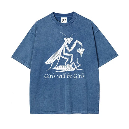 Mens Oversized Casual Graphic Tee - Unisex Vintage Washed 100% Soft Cotton Baggy Loose Top, Round Neck, Short Sleeve, "Girls Will Be Girls" Print, Mensfashion Retro Streetwear T-Shirt - View 6