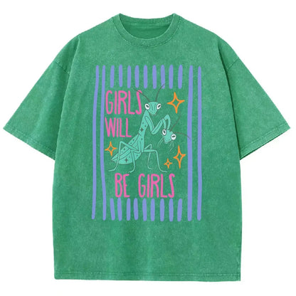 Men's Cotton Casual Unisex Menswear Top - Fitted Round Neck Washed Funny T-Shirt, Girls Will Be Girls Mantis Cartoon Print, Feminist Bug Design, Gift for Insect Lovers - View 8