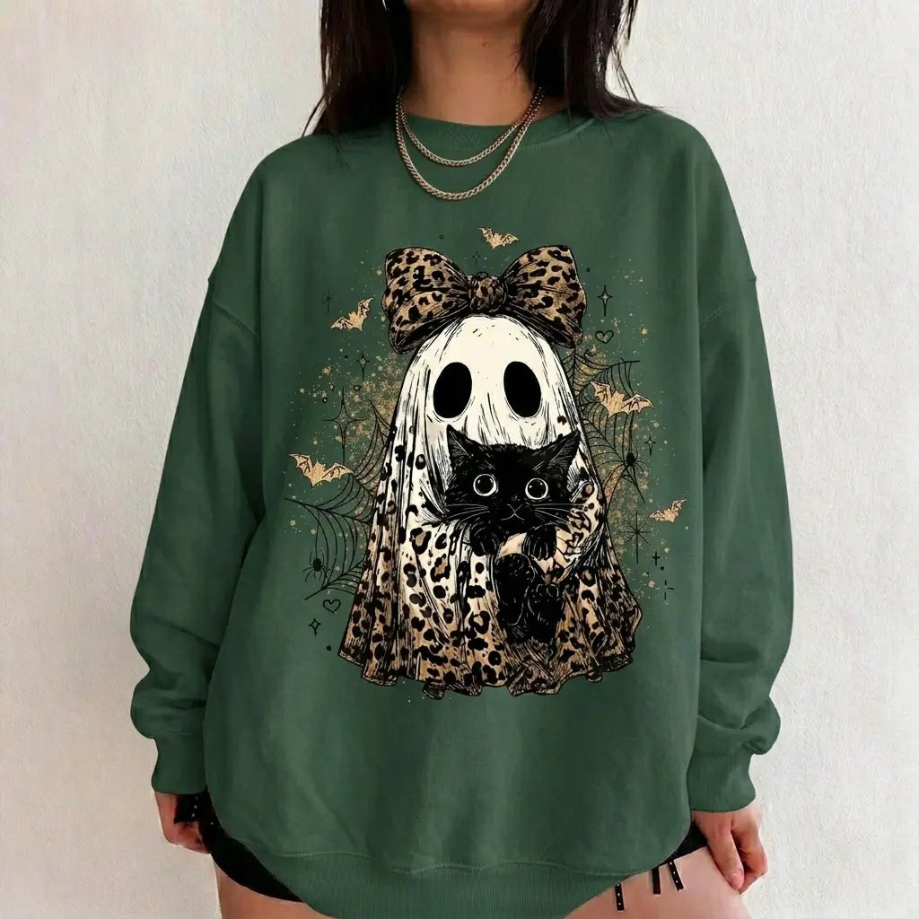 Leopard Ghost Cat Halloween Sweatshirt, Cute Spooky Black Cat Graphic Shirt, Coquette Bow Ghost Fall Outfit - View 13