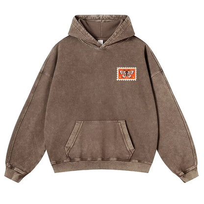 Unisex 380g Washed Brown Vintage Insect Stamp Print Cotton Pullover Hoodie - Soft, Oversize, Casual Longsleeves Tops, Vintage Clothing, 3XL Menswear Autumn Apparel, Cold Wash Compatible - View 14