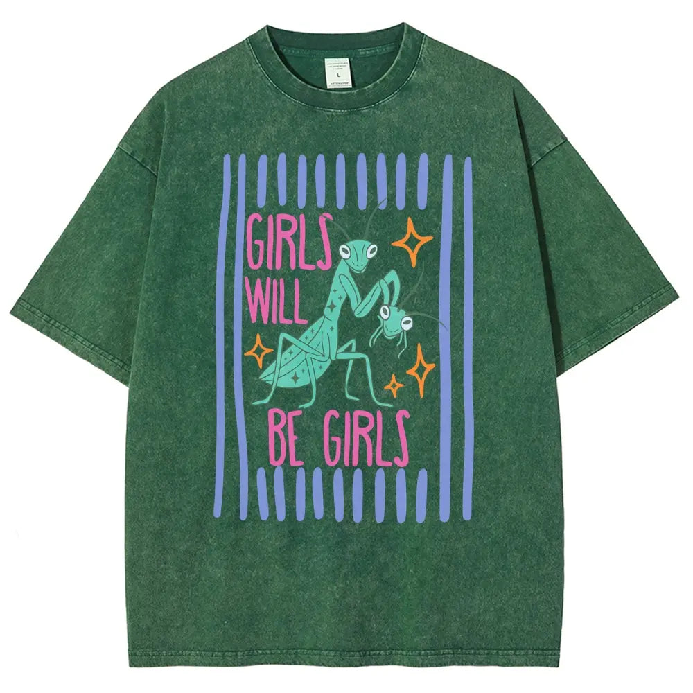 Men's Cotton Casual Unisex Menswear Top - Fitted Round Neck Washed Funny T-Shirt, Girls Will Be Girls Mantis Cartoon Print, Feminist Bug Design, Gift for Insect Lovers - View 5