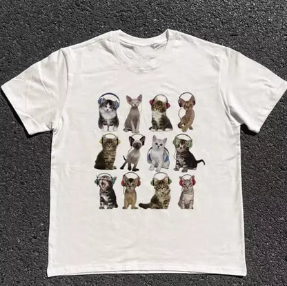 Cats HeadPhone T-Shirt, Unisex Vintage Graphic Tees Gothic Grunge Y2k Emo Scene Amity Affliction Style Clothes Men Women Streetwear - View 1