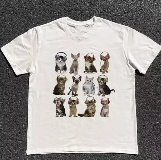 Cats HeadPhone T-Shirt, Unisex Vintage Graphic Tees Gothic Grunge Y2k Emo Scene Amity Affliction Style Clothes Men Women Streetwear - View 1