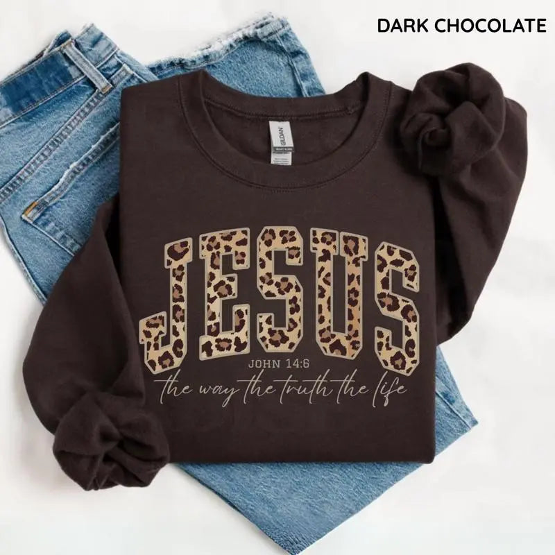 Christian Jesus Leopard Sweatshirt, Cheetah Print Bible Verse , Trendy Faith Apparel Gift, Jesus Loves You, The Way The Truth The Life - View 1