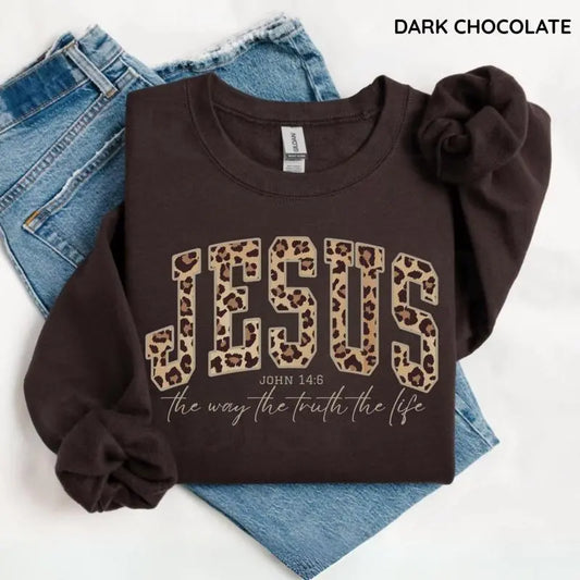 Christian Jesus Leopard Sweatshirt, Cheetah Print Bible Verse , Trendy Faith Apparel Gift, Jesus Loves You, The Way The Truth The Life - View 1