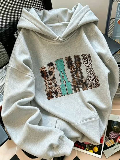 Women's Western Mama Graphic Pullover Hoodie - Cotton Blend, All-Seasons, Casual Vintage, Medium Cut, Country Leopard/Cow Print, Turquoise Letter, Pocketed, Cozy Loose Tops, Winter Outfits, Mother's Day Gift, Women's Clothing, Leopard Stuff - View 8