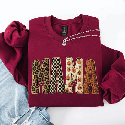 Mama, Printed Halloween Pattern, Leopard Print, Checkered, Pumpkin Sweatshirt, Spooky, Witch, Pumpkin, Halloween, Crew Neck, Women's, Crewneck - View 7