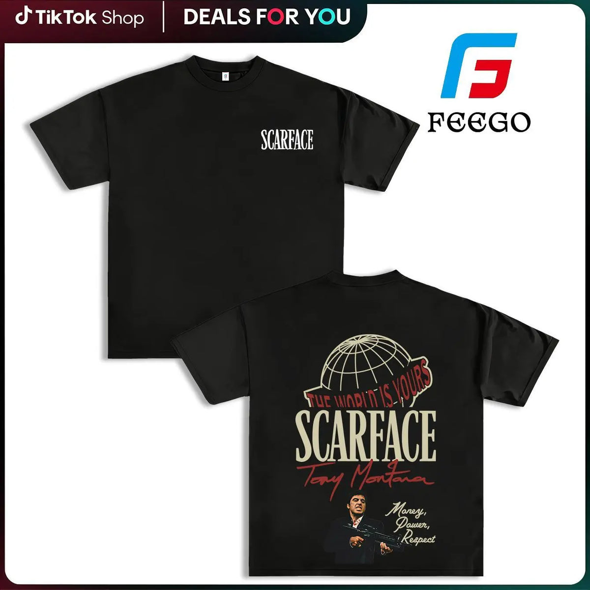 FEEGO Scarface Men's 2-Sided Graphic Tee - 100% Pure Cotton Shortsleeve Round Neck Top, The World is Yours Tony Montana Design, Men's Clothing for Movie Fans, Good Graphic Tees Streetwear Casual Gift for Him Menswear Tshirt - View 10