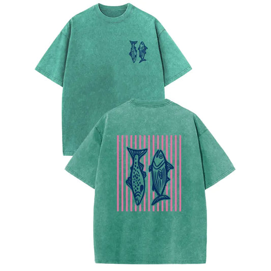 Holafish Pure Cotton Crewneck Acid Washed T-Shirt Retro Acid Wash Pink Striped Dual-Side Fish Graphic Printed Unisex Fashion Tees summervibes Casual Top - View 1