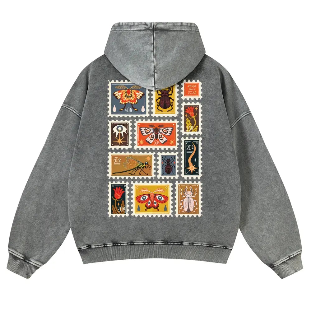 Unisex 380g Washed Brown Vintage Insect Stamp Print Cotton Pullover Hoodie - Soft, Oversize, Casual Longsleeves Tops, Vintage Clothing, 3XL Menswear Autumn Apparel, Cold Wash Compatible - View 7