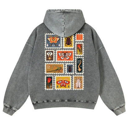 Unisex 380g Washed Brown Vintage Insect Stamp Print Cotton Pullover Hoodie - Soft, Oversize, Casual Longsleeves Tops, Vintage Clothing, 3XL Menswear Autumn Apparel, Cold Wash Compatible - View 7