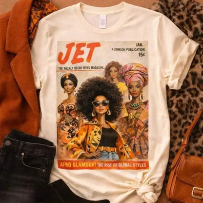 Women's Casual Short-Sleeve Cotton Fabric Fit Afrocentric Vintage Magazine Graphic T-Shirt - Glamour Fall Art Tee Gift - View 11