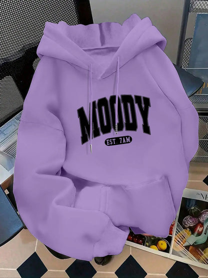 Women's Fashion Hoodie Moody Est 7amk Letter Print Kangaroo Pocket, Casual Long Sleeve Sweatshirt for Fall & Winter, Daily Wear, Casual Hooded Sweatshirts, Everyday - View 17