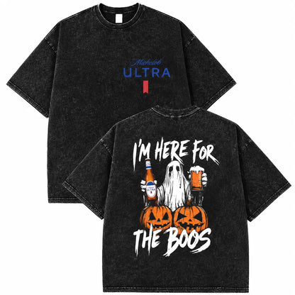 Men's 230gsm Heavyweight Pure Cotton Casual Streetwear Graphic Tee - Vintage Washed Ghost Double-Print Short-Sleeve Round Neck, Unisex Halloween Top, Black Men's Graphic Tees - View 5