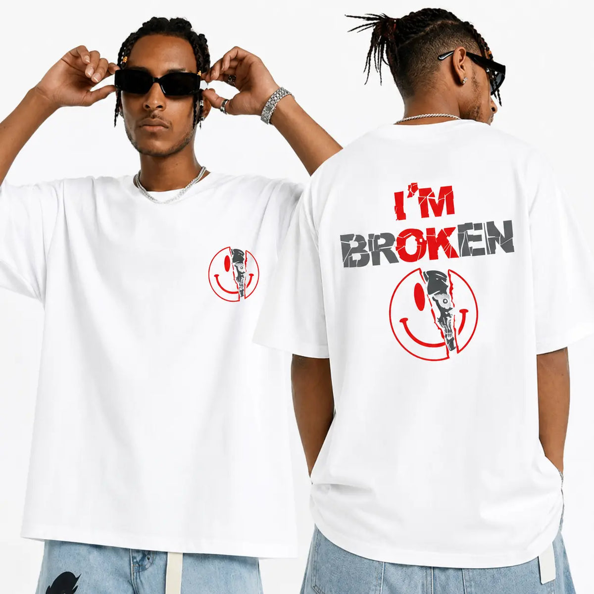 Unisex Cotton Graphic Round Neck Sweatshirt - 2-Sided 'I'm Broken' Smile Face Digital Print, Loose-Fitting T-Shirt, Long Sleeve Sporty Chic Garment, Customized All-Season Casual Streetwear, Machine Washable - View 13