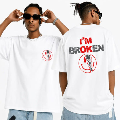 Unisex Cotton Graphic Round Neck Sweatshirt - 2-Sided 'I'm Broken' Smile Face Digital Print, Loose-Fitting T-Shirt, Long Sleeve Sporty Chic Garment, Customized All-Season Casual Streetwear, Machine Washable - View 13