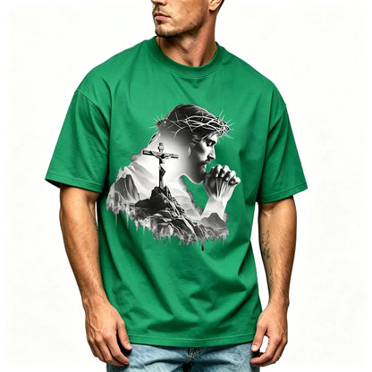 Summer t Shirts Jesus Praying Crown of Thorns Cross Mountain Christian T-Shirt, Faith Based Religious Graphic Tee for Men Women, Vintage Christian Gift, Jesus Lover Shirt, Trendy Christian Apparel - View 6