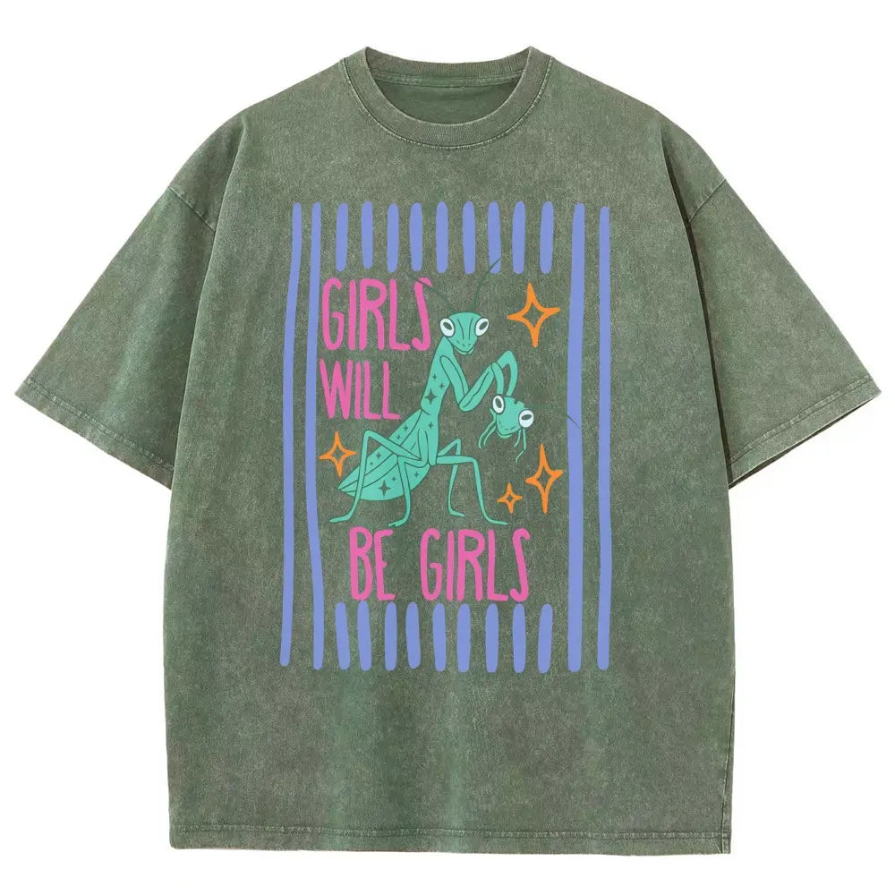 Men's Cotton Casual Unisex Menswear Top - Fitted Round Neck Washed Funny T-Shirt, Girls Will Be Girls Mantis Cartoon Print, Feminist Bug Design, Gift for Insect Lovers - View 16
