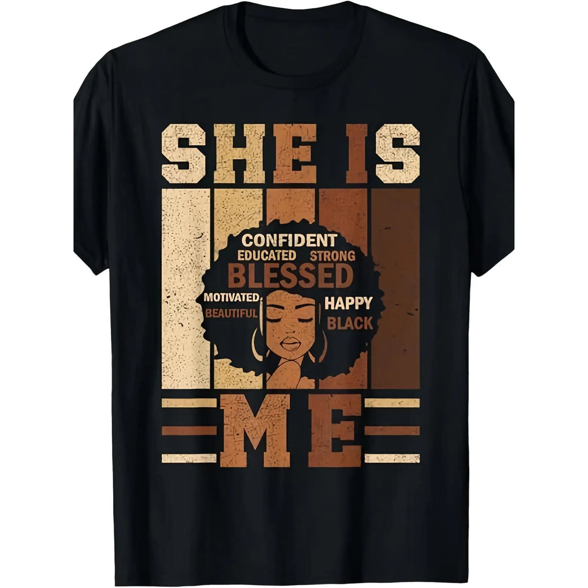 Men's Casual Cotton Graphic T-Shirt - Unisex Regular Fit, Minimalist Style Short Sleeves, Easy Movement, Slight Stretch, Empowering Black History Juneteenth Design with African Woman Portrait & Positive Affirmations (Educated, Strong, Beautiful), Tshirt, - View 1