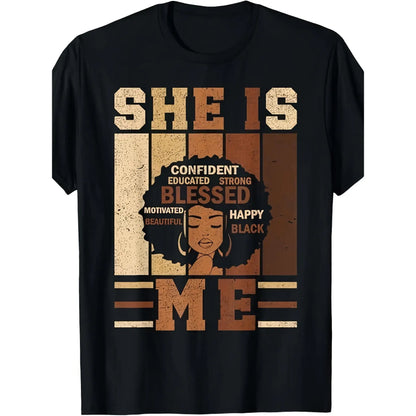Men's Casual Cotton Graphic T-Shirt - Unisex Regular Fit, Minimalist Style Short Sleeves, Easy Movement, Slight Stretch, Empowering Black History Juneteenth Design with African Woman Portrait & Positive Affirmations (Educated, Strong, Beautiful), Tshirt, - View 1