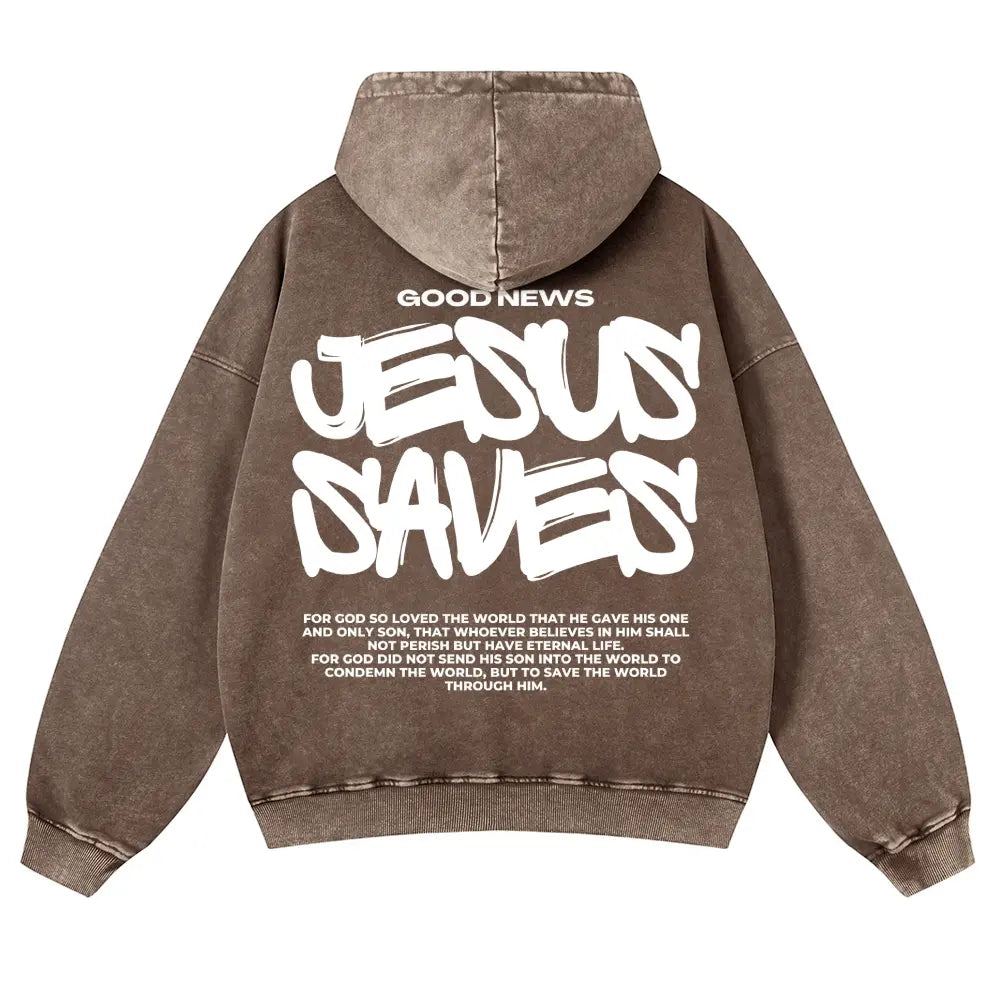 Men's Jesus Saves Graphic Hoodie, 380g Thick Cotton Casual Long Sleeve, Vintage Washed Fit Sweatshirt - View 5