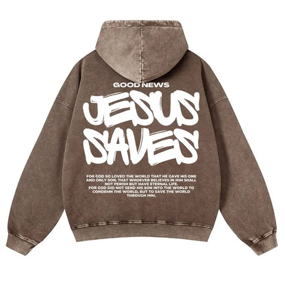 Men's Jesus Saves Graphic Hoodie, 380g Thick Cotton Casual Long Sleeve, Vintage Washed Fit Sweatshirt - View 5