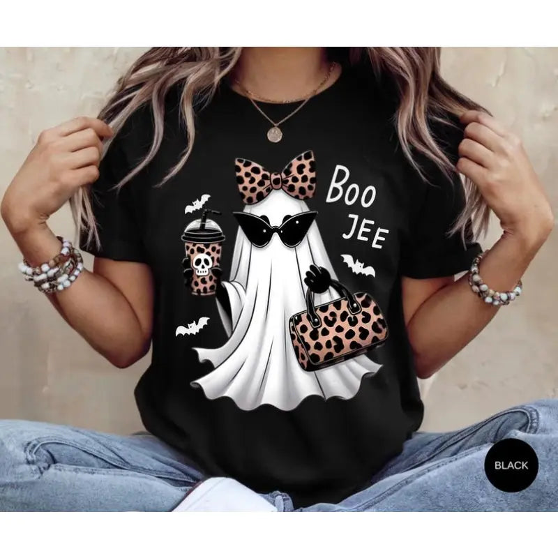 Boo-Jee Ghost Shirt Leopard Ghost Tee Ghost Coffee Shirt Funny Fall Shirt Ghost Tee Girly Halloween Gift Boojee Shirt Check - View 7