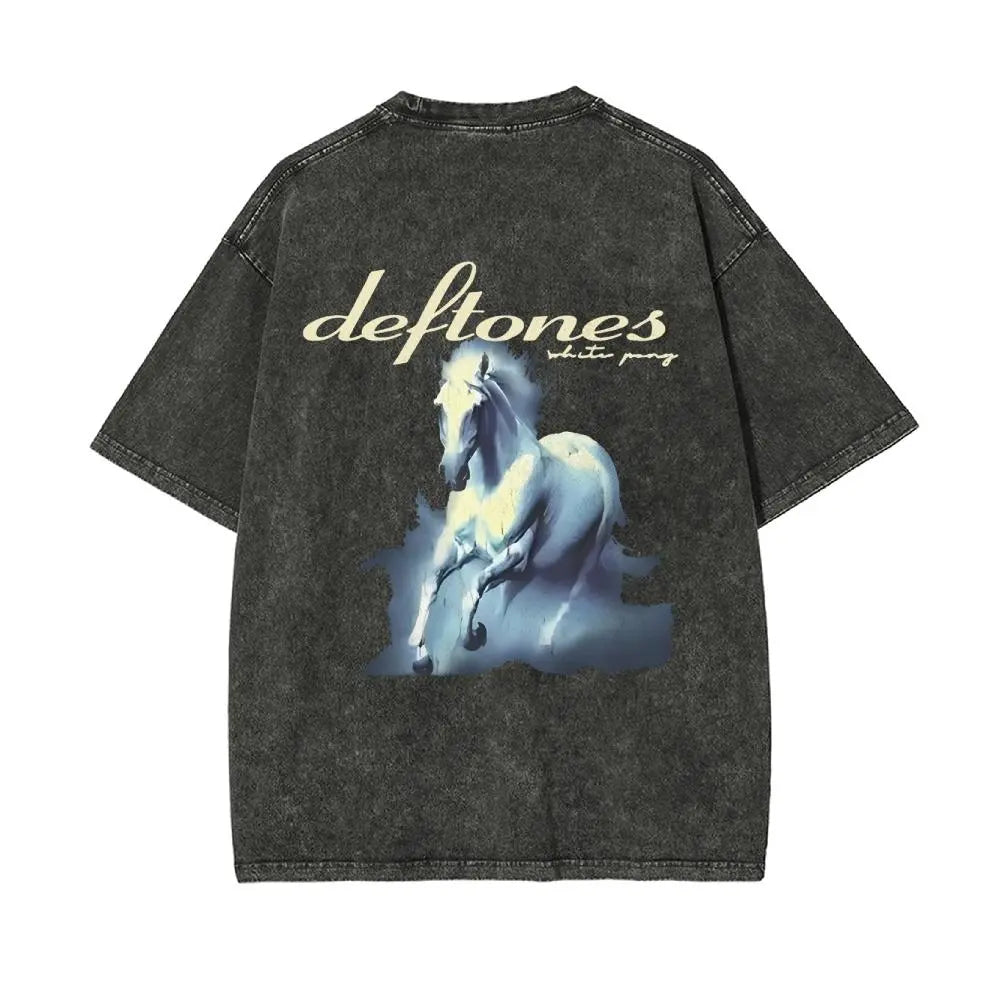 Unisex Retro Limited Vintage Washed T-Shirt, Rock with WHITE PONY Oversized Size Heavy Washed Cotton Tee, 90s Grunge Gothic Punk Y2K Rock Merch - View 3