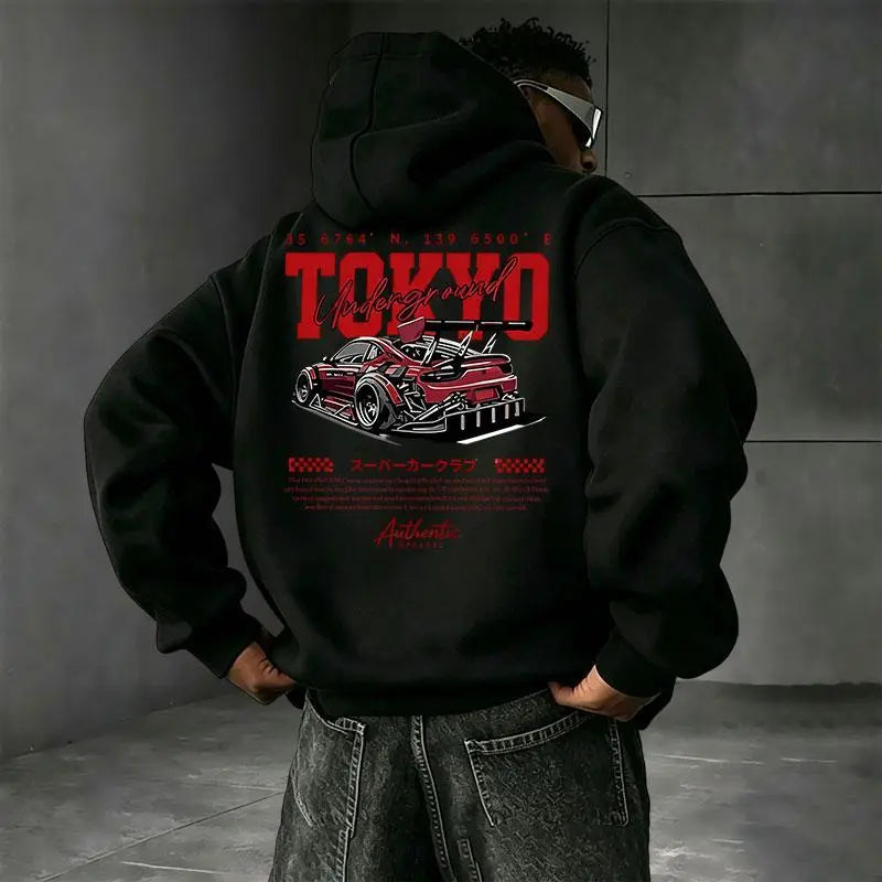 Tokyo Underground Racing Print HoodedSweatshirt, American Street Racing Graphic, LoosePullover Hoodie for Men & Women, Retro Casual Top - View 2