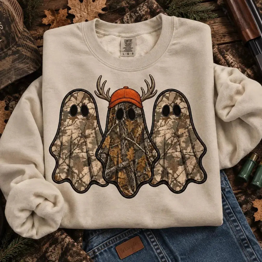 Retro Ghost Hunting Halloween Sweatshirt, Spooky Camo Graphic Pullover Vintage Ghost Hunter Crewneck Fall Fleece Top Cute Halloween Gift for Women - View 2
