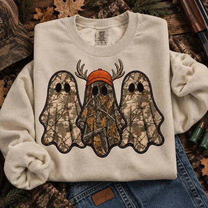 Retro Ghost Hunting Halloween Sweatshirt, Spooky Camo Graphic Pullover Vintage Ghost Hunter Crewneck Fall Fleece Top Cute Halloween Gift for Women - View 2