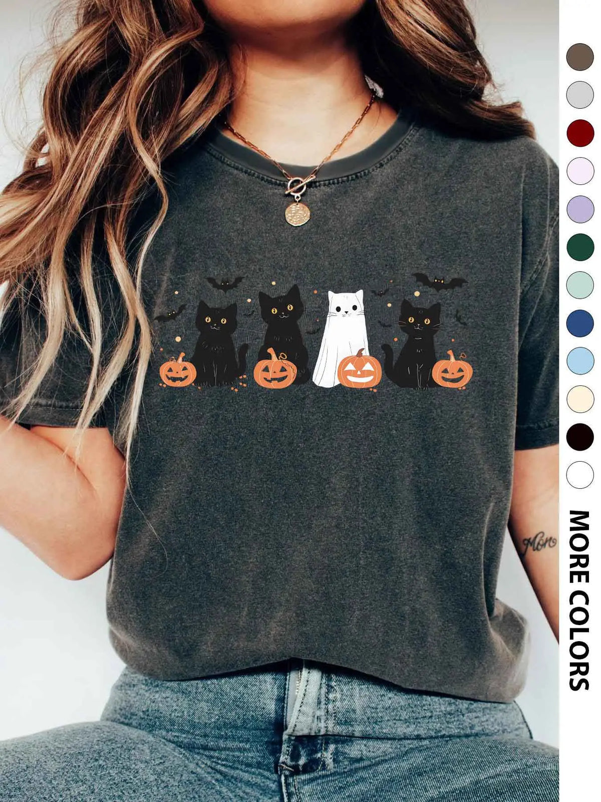 Women's Halloween Themed Cartoon Cat, Bat & Pumpkin Print Round Neck Tee, Cute Casual Fashion Fitted Drop Shoulder Short Sleeve T-shirt for Daily Wear, Ladies Clothes for All Seasons - View 10