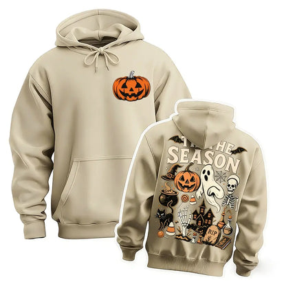 Halloween Spooky Season Graphic Hoodie, Pumpkin Ghost Skeleton Front and Back Print Pullover Sweatshirt, Vintage Horror Long Sleeve Streetwear Hoodie for Halloween Party, Fall and Daily Wear - View 5