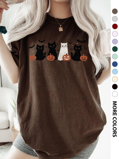 Women's Halloween Themed Cartoon Cat, Bat & Pumpkin Print Round Neck Tee, Cute Casual Fashion Fitted Drop Shoulder Short Sleeve T-shirt for Daily Wear, Ladies Clothes for All Seasons - View 14