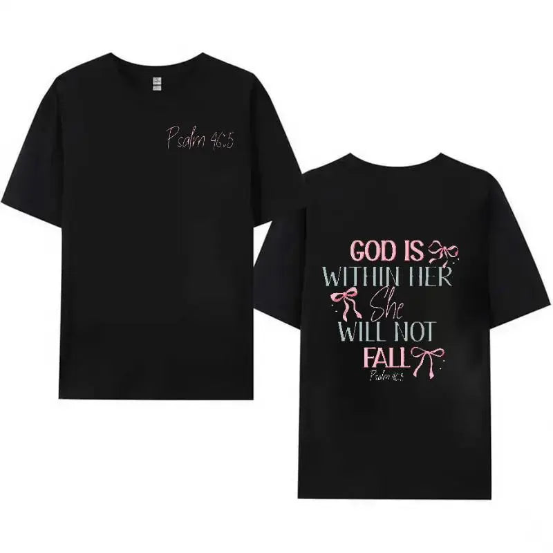 230g Washed Cotton T-Shirt - Dual-Sided Inspirational Design "GOD IS WITHIN HER SHE WILL NOT FALL" & Psalm 46:5, Retro Vintage Loose Fit Unisex Top for Men & Women, Spring Summer Casual Wear Streetwear Tees - View 8