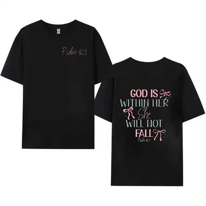 230g Washed Cotton T-Shirt - Dual-Sided Inspirational Design "GOD IS WITHIN HER SHE WILL NOT FALL" & Psalm 46:5, Retro Vintage Loose Fit Unisex Top for Men & Women, Spring Summer Casual Wear Streetwear Tees - View 8