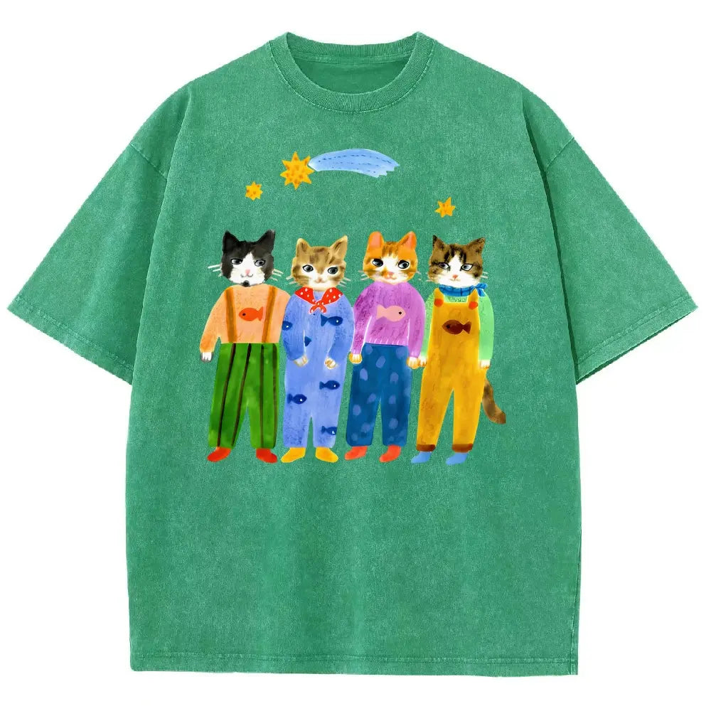 Men's Retro Hand-Painted Funny Cats In Overalls Graphic Vintage 90s Short-Sleeve Round-Neck Unisex Oversized Menswear T-Shirt, Breathable Fabric, Streetwear & Vacation Outfits - View 7