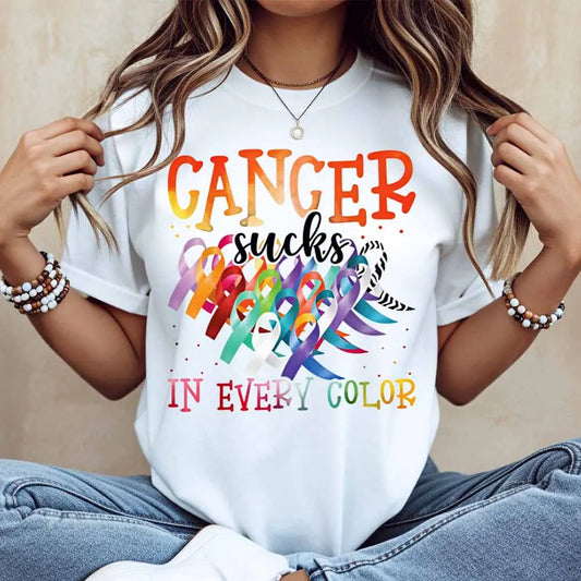 Cancer Sucks In Every Color Ribbon Awareness Print T Shirt Women Casual Short Sleeve Top - View 1