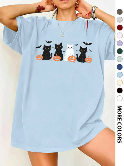 Women's Halloween Themed Cartoon Cat, Bat & Pumpkin Print Round Neck Tee, Cute Casual Fashion Fitted Drop Shoulder Short Sleeve T-shirt for Daily Wear, Ladies Clothes for All Seasons - View 20