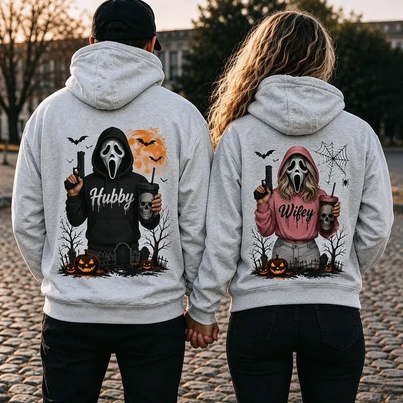 [A piece of clothing]Hubby Wifey Halloween Spooky Season Couple Matching Hoodies Casual Street Style Fleece Fabric Pullover Hooded Sweatshirt Tops Trendy for Women for Men - View 9