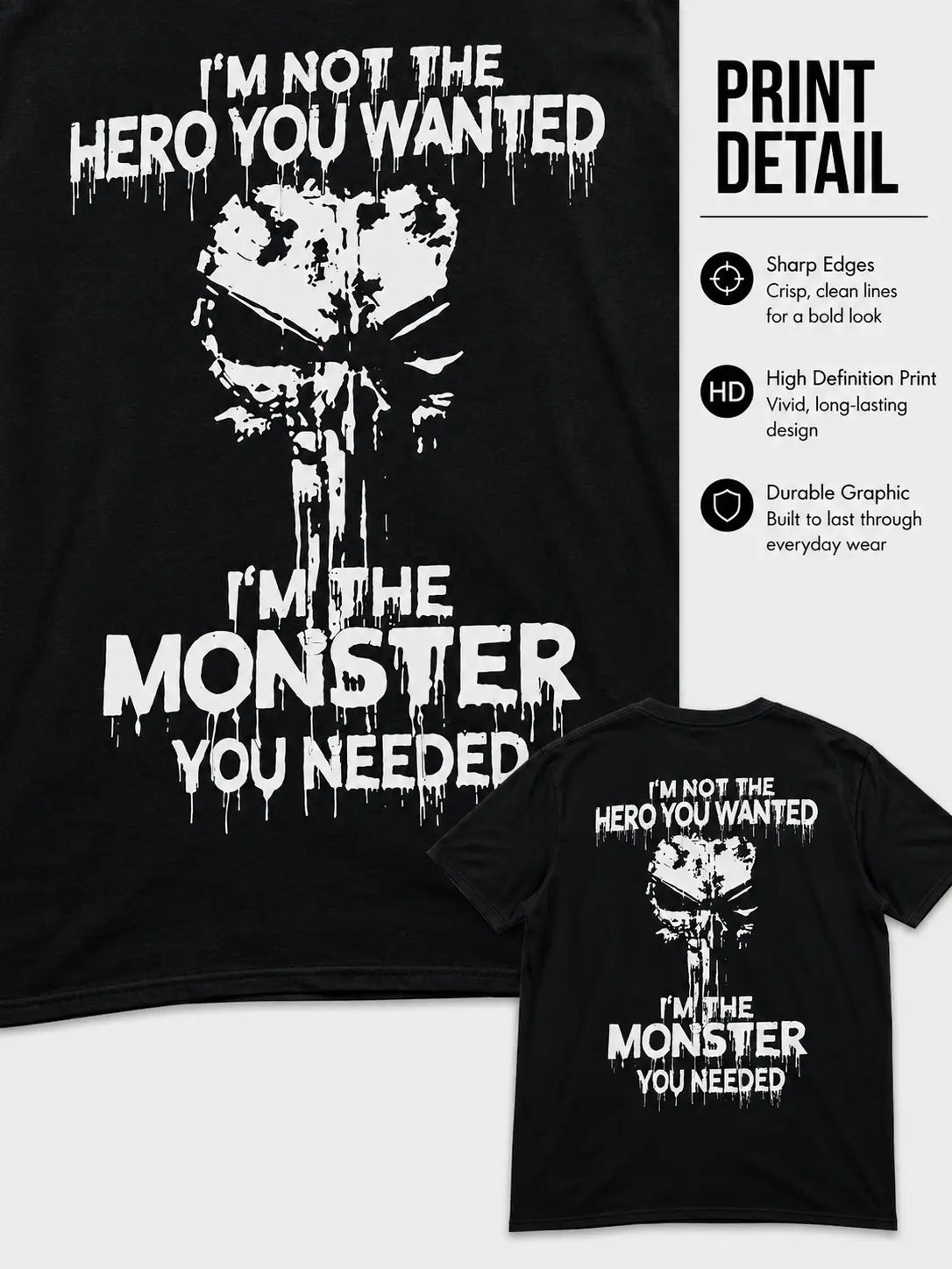 I'm Not The Hero You Wanted I'm The Monster You Needed Skull Print Men's T-Shirt,Regular,Grunge - View 7